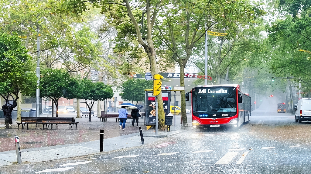 Ilustración editorial de un entorno urbano en Cataluña afectado por lluvias intensas y nubosidad tormentosa.