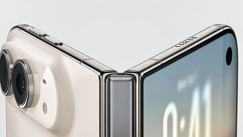 Ilustración conceptual de un smartphone plegable moderno sobre una superficie neutra.