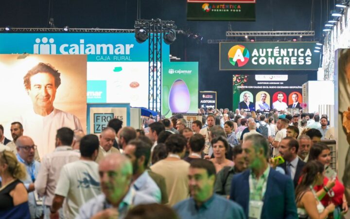 Ilustración de un congreso profesional dedicado a la innovación en la industria alimentaria.