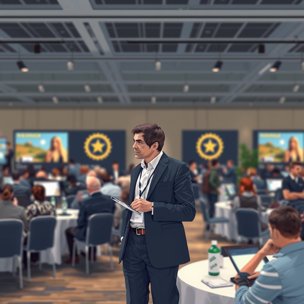 Ilustración conceptual de un evento de marketing y estrategia turística con gráficos digitales.