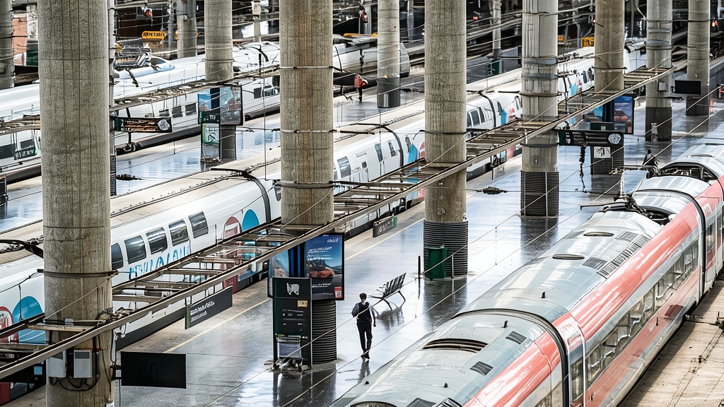 Ilustración editorial de un edificio institucional y vías de tren de alta velocidad