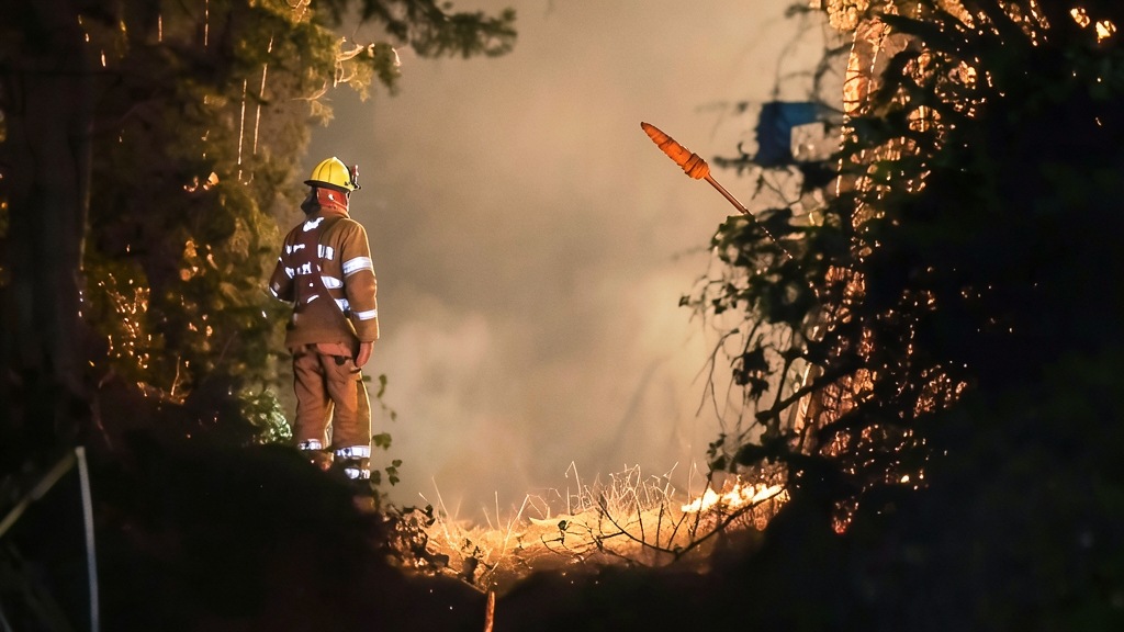 Trabajos de extinción de un incendio forestal en una zona boscosa de Derio próxima al aeropuerto.
