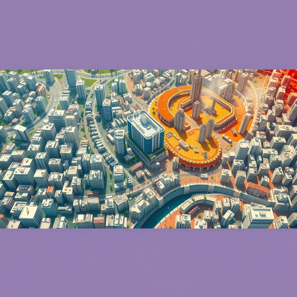 Ilustración editorial de una ciudad con islas de calor urbana